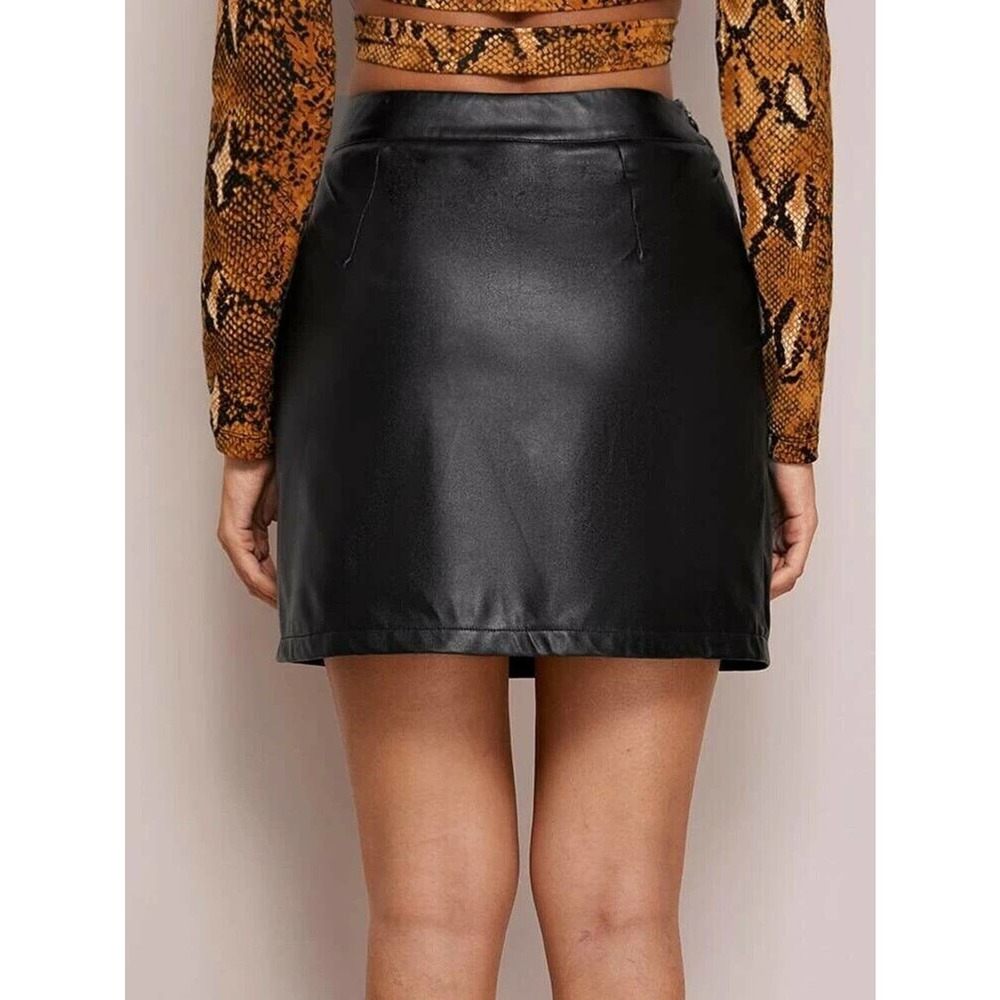 SHEIN Size M Solid Black Faux Leather Mini Skirt Womens High Waist Side Zipper - Picture 3 of 10